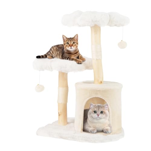 PETSITE 32 Inch Wood Cat Tree, Multi-Level Small Cute Cat Tree with Sisal Scratching Posts, Cat Condo, Soft Long Plush Covered Perches, and Dangling Balls