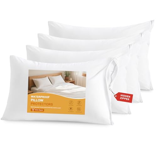 NTBAY 4 Pack Zippered Waterproof Standard Pillow Protectors, Super Soft Quiet Zip Pillow Protectors, 20x26 Inches Jersey Pure White Waterproof Pillow Cases Covers