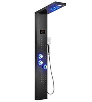 ELLO&ALLO LED Thermostatic Shower Panel Tower System, Rainfall Waterfall Shower Head Rain Massage System with Body Jets
