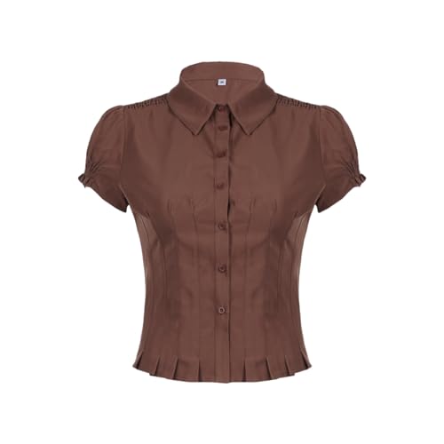 Women's button up shirt, teenage girls' bubble sleeves, pleated polo collar, short sleeved top, brown2