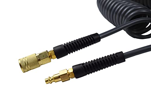 YOTOO Polyurethane Recoil Air Hose 1/4" Inner Diameter by 25' Long with Bend Restrictor, 1/4" Industrial Quick Coupler and Plug, Gray