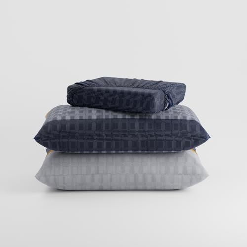 Image of BLISSHOME SoftTouch 150TC Cotton King Size Fitted Bedsheet with 2 Pillow Covers, Silky Smooth Bedding Set, Breathable, Easy Maintain, Geometric Pattern - Blue (183cm x 198cm + 25cm Drop)
