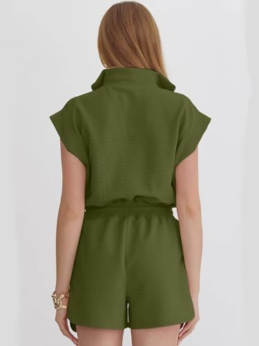 Image of Rompers for Women Summer Short Sleeve Half Zip Lapel Collar Jumpsuit Casual Drawstring One Piece Outfits with Pockets
