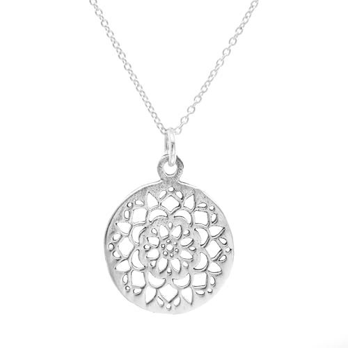 Image of Silverly Sterling Silver Flower Mandala Medallion Necklace for Women - 925 Silver Round Filigree-Style Disc Pendant on 18" Curb Chain - Sacred Geometry Boho Jewellery - Ornate Openwork Design