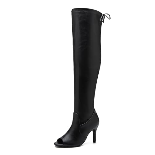 Women's Peep Toe Thigh High Boots Over The Knee Boot Sexy Stiletto Heel Lace Up Open Toe Pull on Long Boots