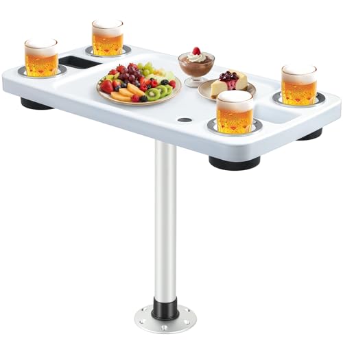 Sunnymove Boat Table Set 18x34 Pontoon Boat Marine ABS Table with 27 Detachable Pedestal Leg 4 Drink Holders 2 Phone Stands and Drain Outlet Pontoon Accessories(White Color Tabletop)