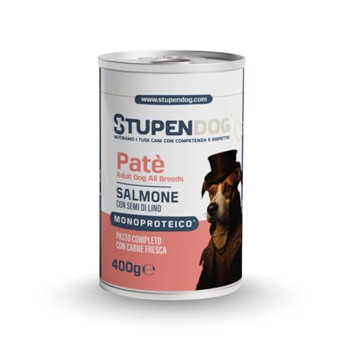 STUPENDOG Paté per Cani Monoproteico al Salmone con Semi di Lino - 98,5% Salmone Fresco, Ipoallergenico, Pelo Lucido, Pelle Sana – Cibo Umido Naturale per Cane Adulto (12 Confezioni - 400g)