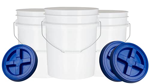 House Naturals 5 Gallon Plastic Bucket Pail Food Grade BPA Free with Blue Gamma Screw on Lid( Pack of 3) Made in USA