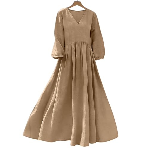 Robe décontractée coton et lin anti-chaleur col en V - 5