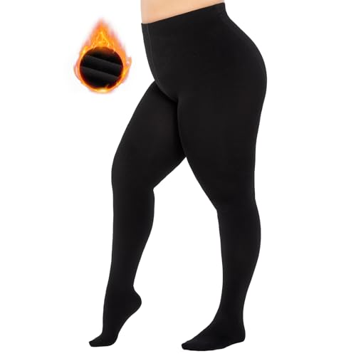 MANZI 2 Pairs Women's Plus Size Fleece Lined Tights Black Opaque Thermal Tights Winter Warm Thick Stockings 400 Denier X-Large-XX-Large Plus Black 1