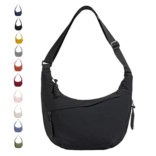 GoPaw Sac à Bandoulière en Nylon Sac Demi Lune pour Femme avec Sangle Réglable Sac à Bandoulière Grand Sacs Hobo pour Femmes (Noir)