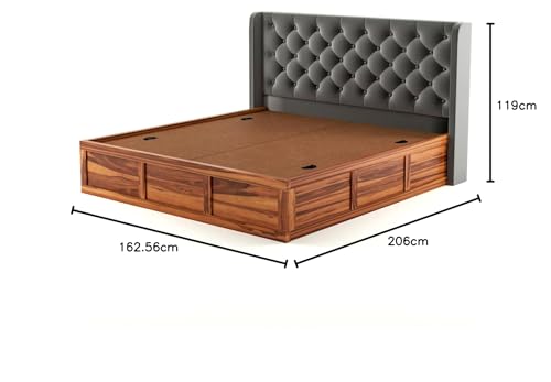 Image of Solid Sheesham Wood Queen Size Bed with Storage | Wooden Double Bed Cot Bed with Box Storage & Velvet Upholstered Cushioned Headboard for Bedroom (Honey C, Queen)