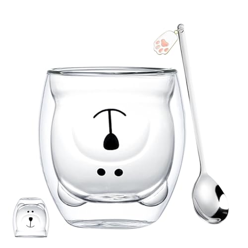 Prismoria Tazze da caffè in vetro a doppia parete con cucchiaio, da 250 ml, isolate, per cappuccino, latte macchiato, resistenti al calore (orso bianco con cucchiaio)