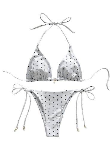 Image of SOLY HUX Women's Polka Dots Print Bathing Suit Halter Triangle Tie Side Bikini Sets Two Piece Swimsuit
