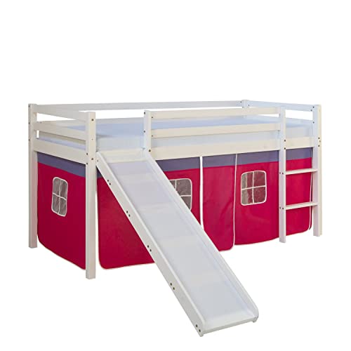 Homestyle4u 540, lit loft pour Enfants avec Toboggan, échelle, Rideau Rose, Bois de pin Massif Blanc, 90x200 cm