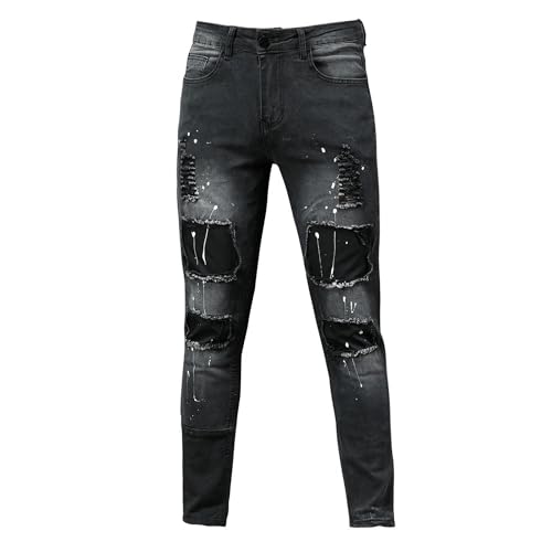 Men's Patch Ripped Stretch Jeans Destroyed Stretch Tapered Leg Jeaggings Casual Biker Skinny Denim Pants4