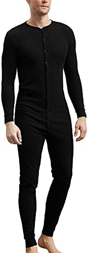 COLORFULLEAF Men's Cotton Thermal Underwear Union Suits Henley Onesies Base Layer (Black, M)
