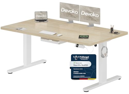 Devoko Höhenverstellbarer Schreibtisch 160x80cm mit Typ-C Ladeanschluss, Schreibtisch Höhenverstellbar Elektrisch, Mobiler Elektrisch Computertisch mit Kabel Management Tray, Eiche