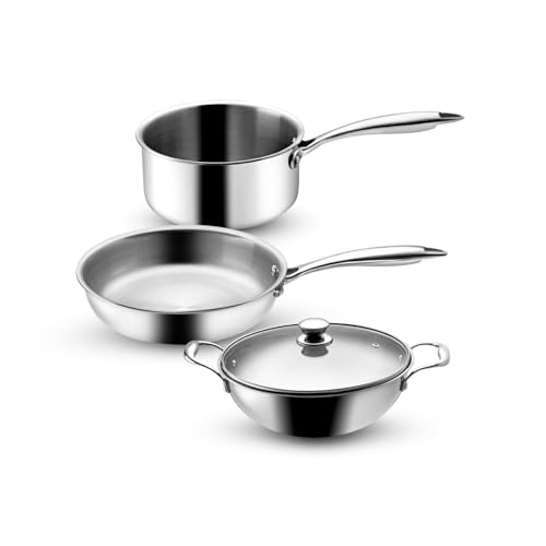 Vaya Hautechef Triply Stainless Steel Cookware Set, 4-Piece – Frypan 22cm, Kadai 22cm with Glass Lid, Saucepan 16cm, Milk Boiling Pan, Induction & Gas Compatible, Durable Kitchen Utensils