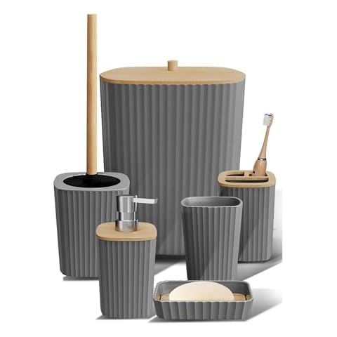 7PC Bathroom Accessory Set, Toothbrush Holder, Plastic Cup, soap Dispenser, soap Dish, Bathroom Trash can, Toilet Brush and Holder Set Cover
