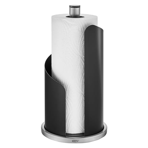 GEFU Küchenrollenhalter CURVE - Schwarz matter Edelstahl Halter mit Rutschfester Basis - Einhändiges Abreißen - Standfest & Stabil für Rollen bis 13cm - 30cm Höhe