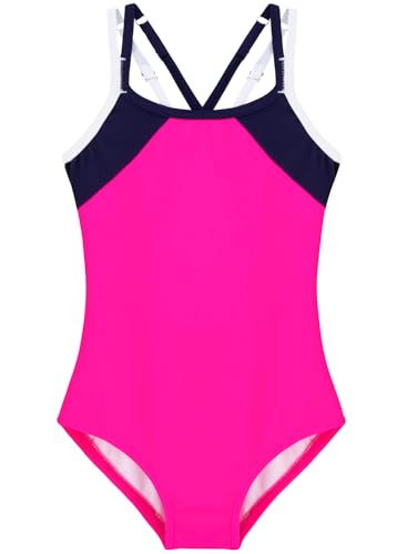 Belovance Girls Swimsuits One Piece Athletic Bathing Suit Size 6 7 Double Adjustable Straps Back Cutout Sporty Color Block Kids Children Pool Beach Swimwear Quick Dry (Rose Red, 6-7 Years)