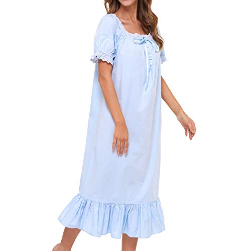 Lu's Chic Women's Victorian Nightgown Cotton Sleepwear Long Loungewear Short Sleeve Soft Nightwear Night Dress Sleep Calf Length Ruffle Nightdress Scoop Neck Lace Solid Blue Xx-Large #TOP5