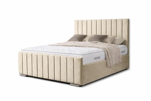 Plush Divan Bed Frame with Storage 46-Inch Upholstered Headboard 20-Inch Footboard Contemporary Design Small Double (Cream 4ft6)