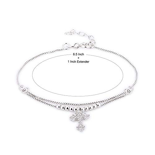 Vanbelle Sterling Silver Jewelry Beaded Chain Bracelet & Hanging Florentine Cross With Cubic Zirconica Stones And Rhodium Plated For Women And Girls #TOP2