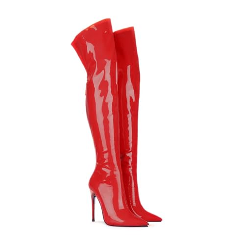 Image of Thigh high boots for women striped Back zipper Burgundy Zebra Print Over the knee Sexy gold white pointed toe Cow Print leopard Magenta stiletto heel