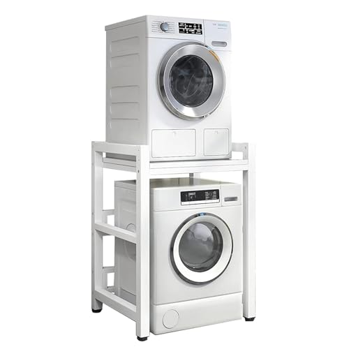 Washing Machine Storage Rack，Height Adjustable Washer Dryer Stand Stacking Kit with 400KG Load Capacity Over Washer Storage Rack Unit for Front Loader Washing Machines White