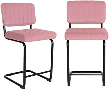 sunseen Counter Height Bar Stools Set of 2, Velvet Mid-Century Modern Bar Chairs with Cane Backrest, 24 Inch Barstools for Bar, Kitchen Island, Living Room, Pink