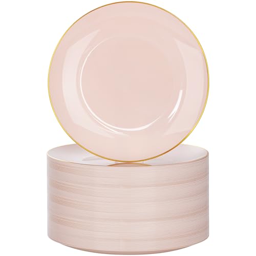 Nervure 100Pieces Pink and Gold Plastic Plates - 7.5inch Disposable Pink Salad/Dessert Plates - Heavy Duty Plastic Plate Ideal for Wedding & Party Nervure 100Pieces Pink and Gold Plastic Plates - 7.5inch Disposable Pink Salad/Dessert Plates - Heavy Duty Plastic Plate Ideal for Wedding & Party
