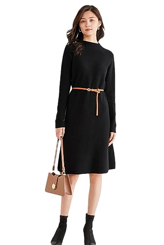 Women 100% Merino Wool Knitted Jumpers Long Crewneck Pullover Sweater Solid Knitted Midi Dress