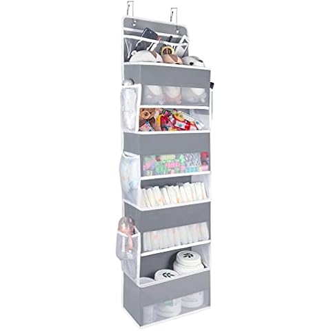 Univivi Over The Door Organizer, 5 Shelf Door Hanging Organizer Nursery Door Storage with 4 Large Compartments and 2 Small PVC Pockets 6 Side Pockets for Bathroom,Cosmetics and Nursery Baby Essential Cover