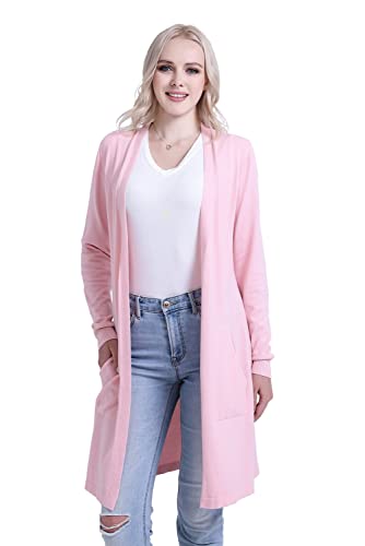 SMILING PINKER Cardigan long léger à col en V et manches longues ouvert sur le devant avec poches pour femme, rose, S