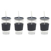 Mr. Coffee Sip Savvy 4-Pack 15oz Midnight Blue Glass Tumblers with Lids and Straws Reusable Iced Coffee Cups Dishwasher Safe To-Go Drinkware Water Glasses