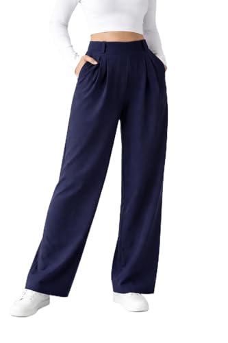 Pantalon large femme bleu marine taille haute plissé fluide décontracté