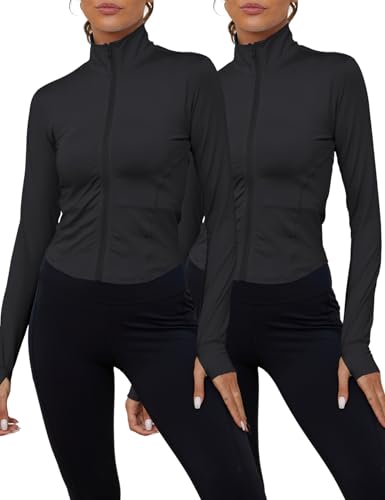 Gihuo Pacote com 2 jaqueta feminina atlética para ioga, com zíper, manga comprida, leve, para treino