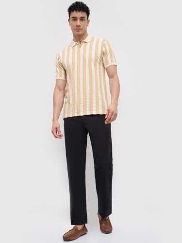 Image of Raymond Men Modern Fit Stripe Pattern Pure Cotton Polo Neck Half Sleeve Casual T-Shirt