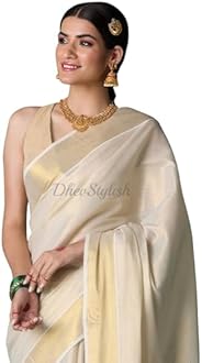 Women's Kerala Kasavu Golden Tissue Plain Saree with Running Blouse | Saree length: 6.25 Meters | Blouse: Running Blouse only