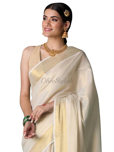 Women's Kerala Kasavu Golden Tissue Plain Saree with Running Blouse | Saree length: 6.25 Meters | Blouse: Running Blouse only