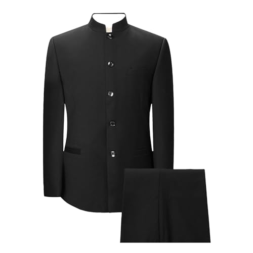 Men's Chinese Tunic Suit Stand Collar Slim Fit 2 Piece Suits Banquet Front Button Blazer Pant Set Tuxedos