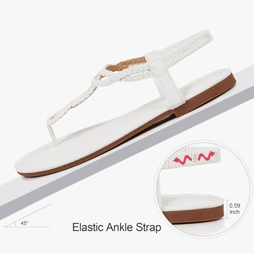 Image of iCKER Womens Braided T‑Strap Flat Sandals Elastic Stretch Ankle Strap | Boho cute casual lightweight and comfort matches dresses for beach vacation