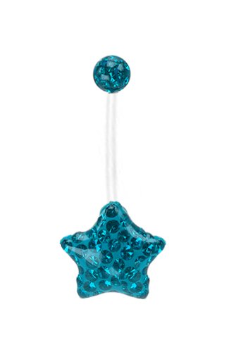 Pregnancy Ring Swarovski Crystal Ferido Sparkling Blue Zircon Bluish Green gems Star Paved Bioflex All Plastic Adjustable Flexible Great for Pregnant PTFE Belly Navel Piercing bar Ring 14g