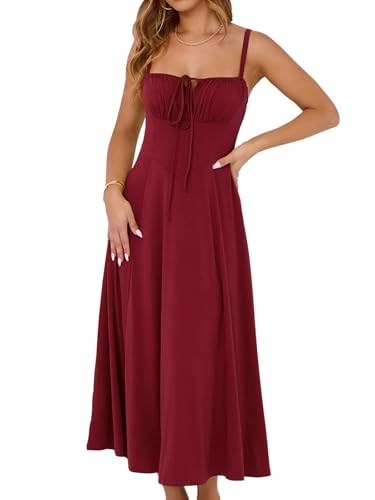 Image of YATHON Women's Summer Midi Corset Boho Dresses Spring Casual Floral Spaghetti Straps Lace Up Dress Flowy Aline Beach Sundress