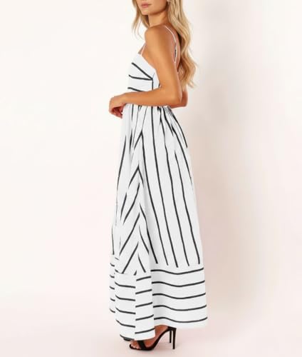 Image of chouyatou Women's Striped Back Smocked Maxi Dress Sexy Spaghetti Strap Cut Out Flowy Swing Long Dress