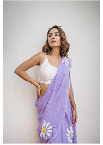 Image of Lilan Cotton Saree with White Daisy Floral Prints Tassel Pallu Lightweight Summer Saree