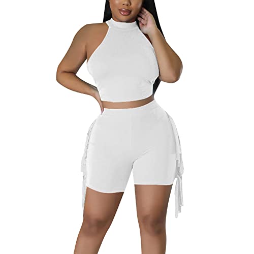 Generisch Women's Fashionable Sexy Round Neck Sleeveless Fringe Plain Casual Shorts Two Piece Set, White, S