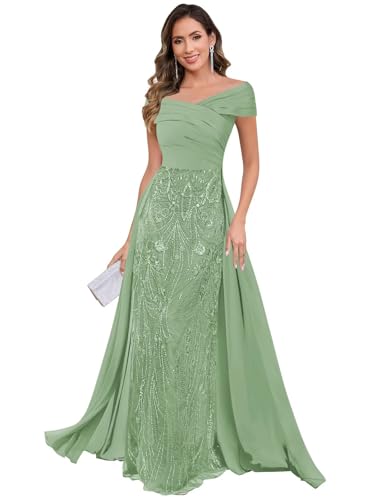 Dansiuey Sage Green Mother of the Bride Dress Floor Length Sparkly Maxi Formal Wedding Dress for Women Floral Evening Gown Size 12